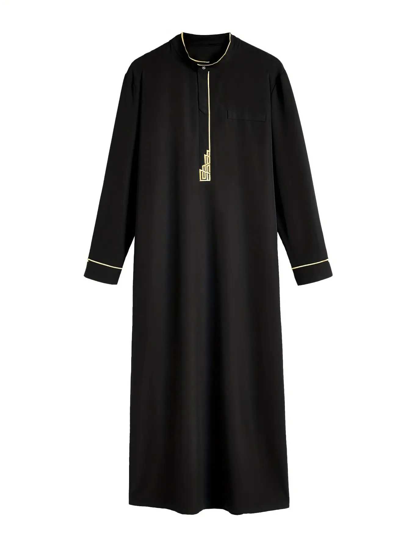New Middle Eastern Men's Robe, Arab Thobe, Muslim Thobe, Islamic Thobe, Jubbah, Minimalist Geometric Embroidery, Double Layered Hem, Stand Collar, Long Sleeve, Ethnic Style, Daily Wear