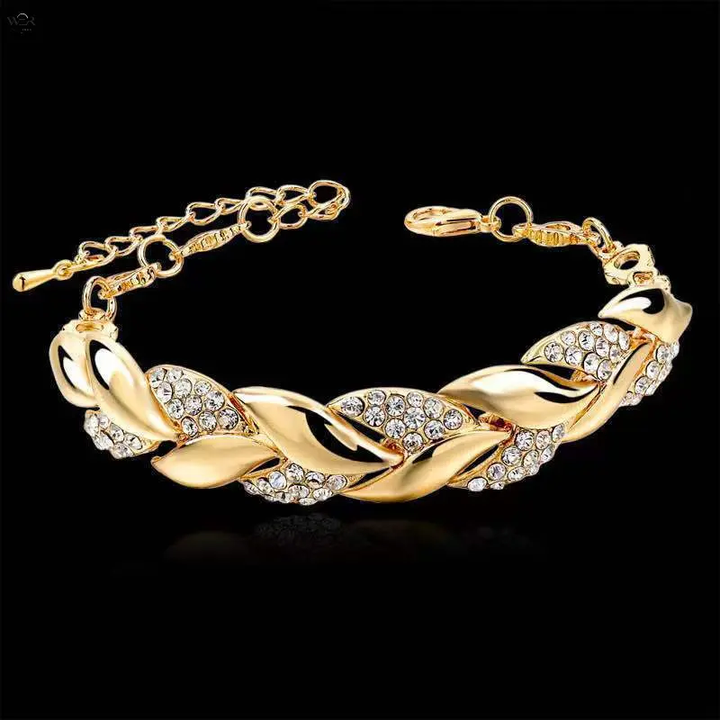 Twisted Leaf Crystal Rhinestone Bracelet for Women, Adjustable 17+5cm Extension Chain Bangle, Shiny Inlaid Sparkling Rhinestone Wrist Jewelry, 3 Colors Gold Silver Rose‑Gold for Wedding Party Daily Dating Gift