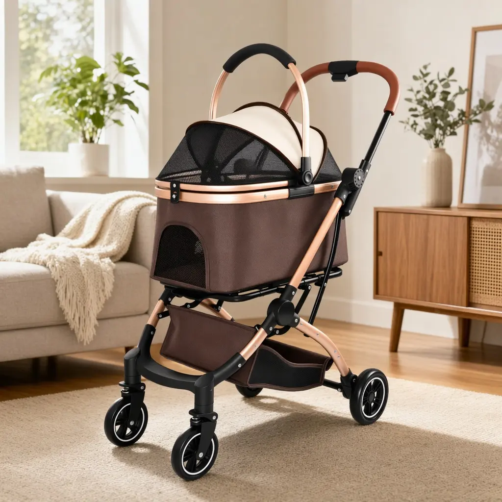 ARCH Pet Stroller for Dogs and Cats 2-in-1 Detachable Foldable 4 Wheels Quick One-Hand Fold Storage Basket Sun Canopy Khaki Carbon Steel Travel Stroller for Small Medium Dogs Cats Outdoor Walk, khaki Color Options, Carbon steel Material