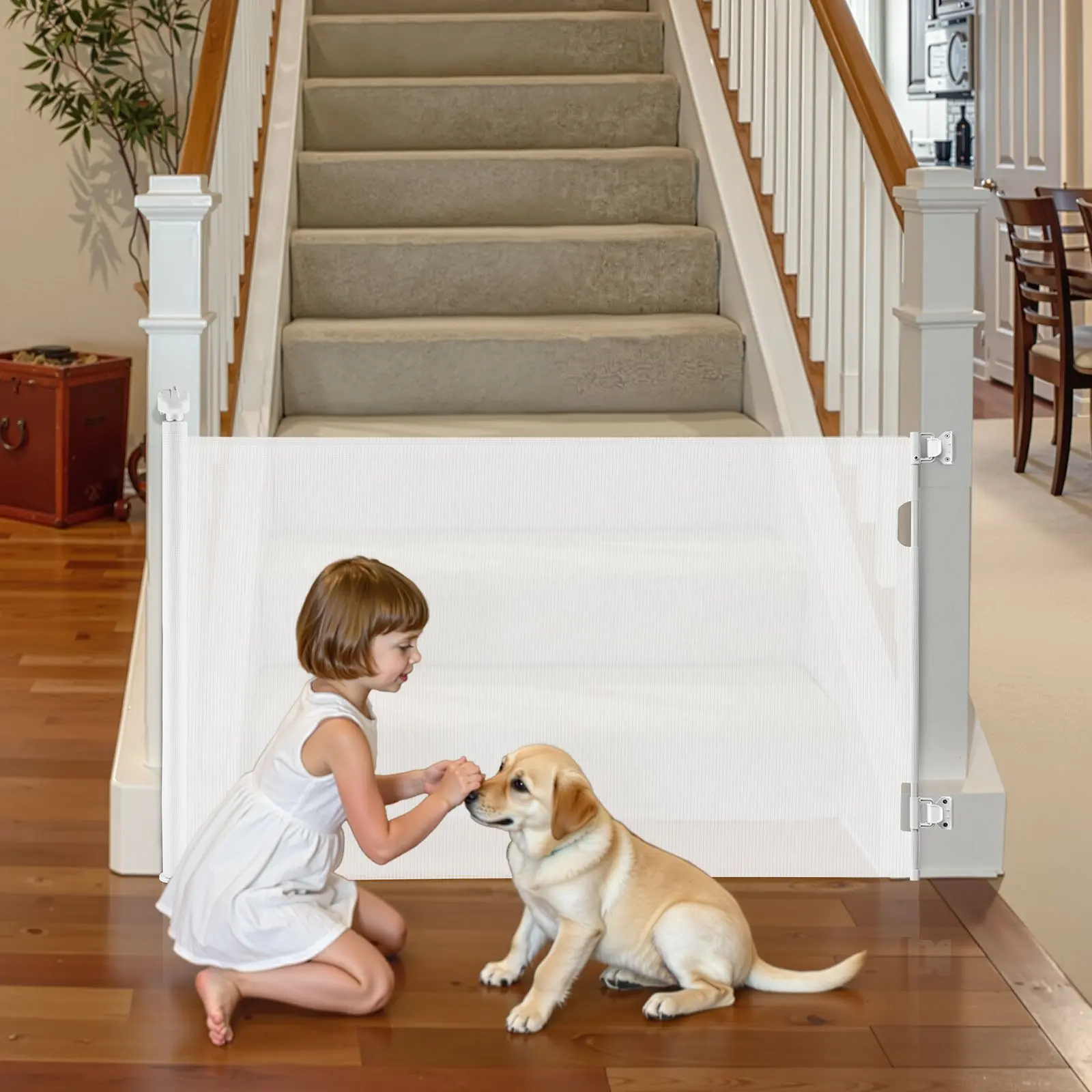 VEVOR Retractable Mesh Dog Gate - 57in Wide Extendable, 38.5in Tall, Damage-Free Baseboard Fit, Escape-Proof Bottom Hook, 1-Handed Operation Security Lock, Walk-Through Tripping-Free for Stairs, Hallways, White Indoor/Outdoor Pet Gate