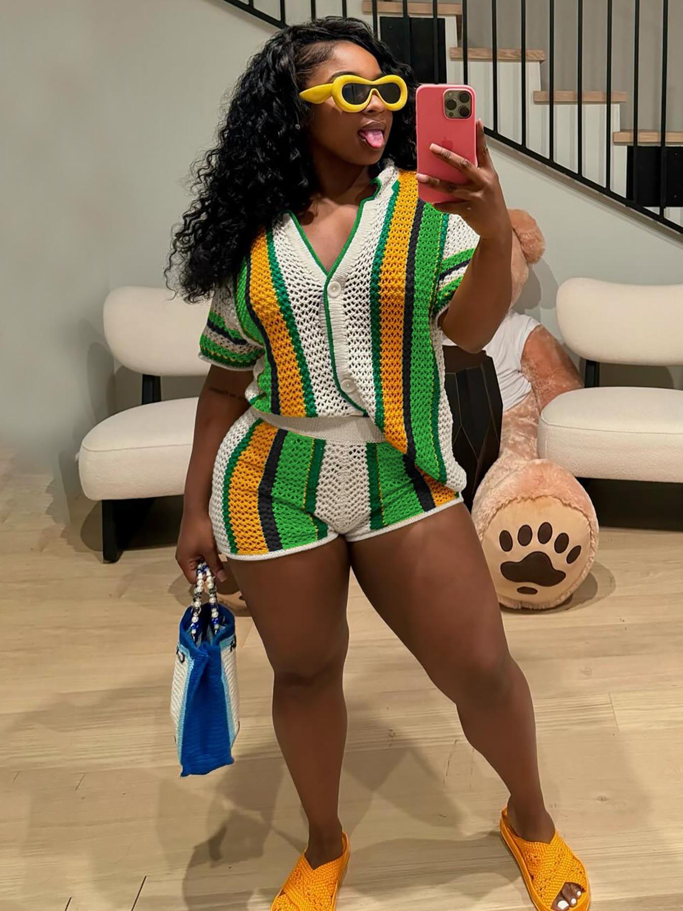 Women's Colorblock Button Front Top & Shorts Sweater Set, Casual Short Sleeve Top & Shorts, Summer Clothes Set for Beach Vacation, Womenswear