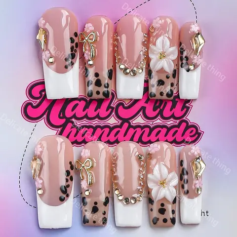 3.0-Inch Length Coffin Nails, 10pcs Y2K Style Press-On Nails, Handmade, XS-S-M-L Sizes, Perfect for Parties, Includes Jelly Glue, Crystal Stick and Nail File, Nail Art Set
