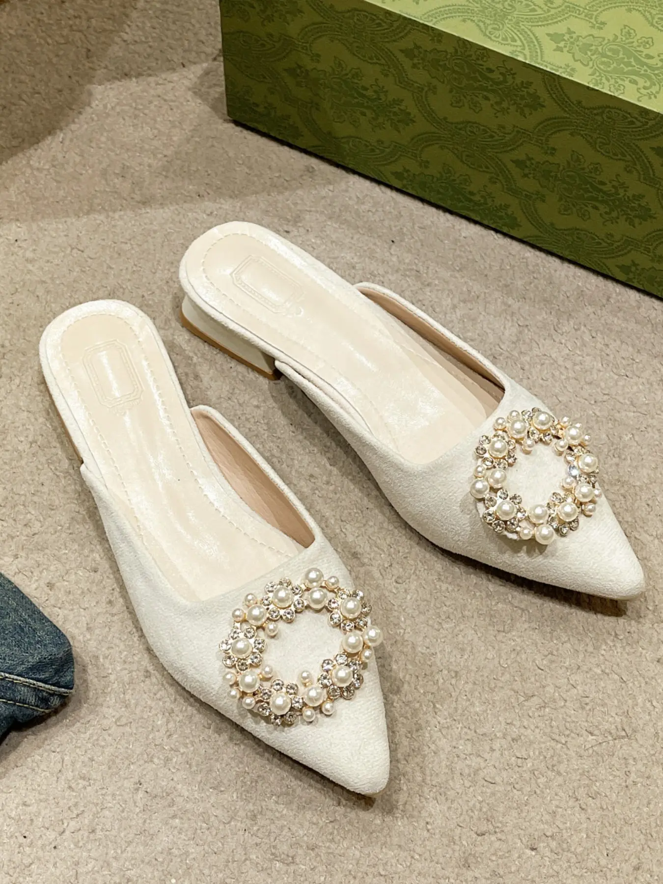 Women's Matte Faux Suede Pointed Toe Pearl Rhinestone Circle Ornament Low Block Heel Mule Slides, Block Heeled Mules, Slip On Backless Non Slip Cushioned Arch Support All Day Walking Soft Comfort Wedding Bridal Office Date Vacation Footwear Black Cream