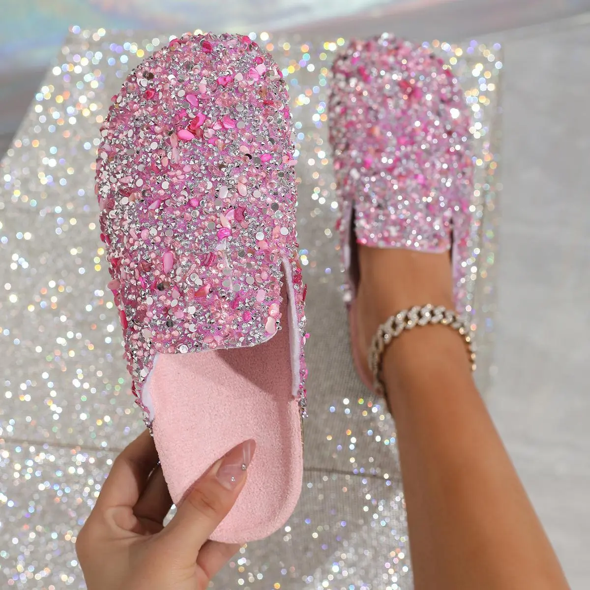 Women's Spring & Autumn Glitter Footwear - Sequined Slide Slippers with Cork Toe Caps, Non-Slip Flat Sole, Comfortable Casual Indoor Wear Sandals