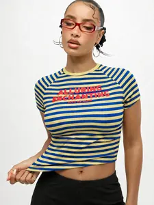 Women's Striped Raglan Sleeve Crop T-Shirt with "Alluring Enchanting" Letter Print Slim Fit Crew Neck Short Sleeve Cropped Top 2026 Summer Streetwear Daily Trendy Going Out Stylish Viral TikTok Fashion Essential