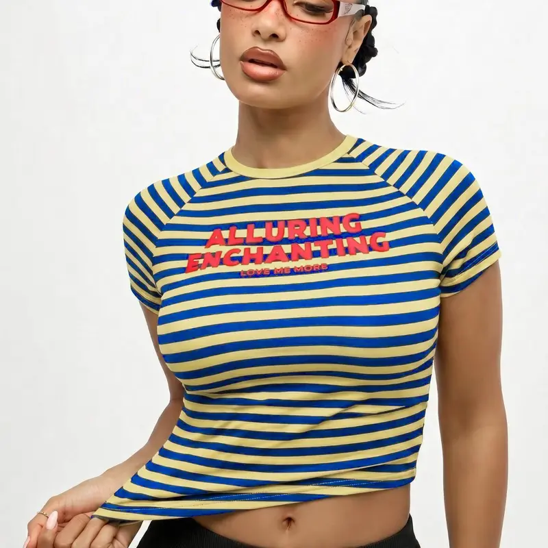 Women's Striped Raglan Sleeve Crop T-Shirt with "Alluring Enchanting" Letter Print, Slim Fit Crew Neck Cropped Top, Fashion Casual Top, Summer Streetwear for Daily and Going Out