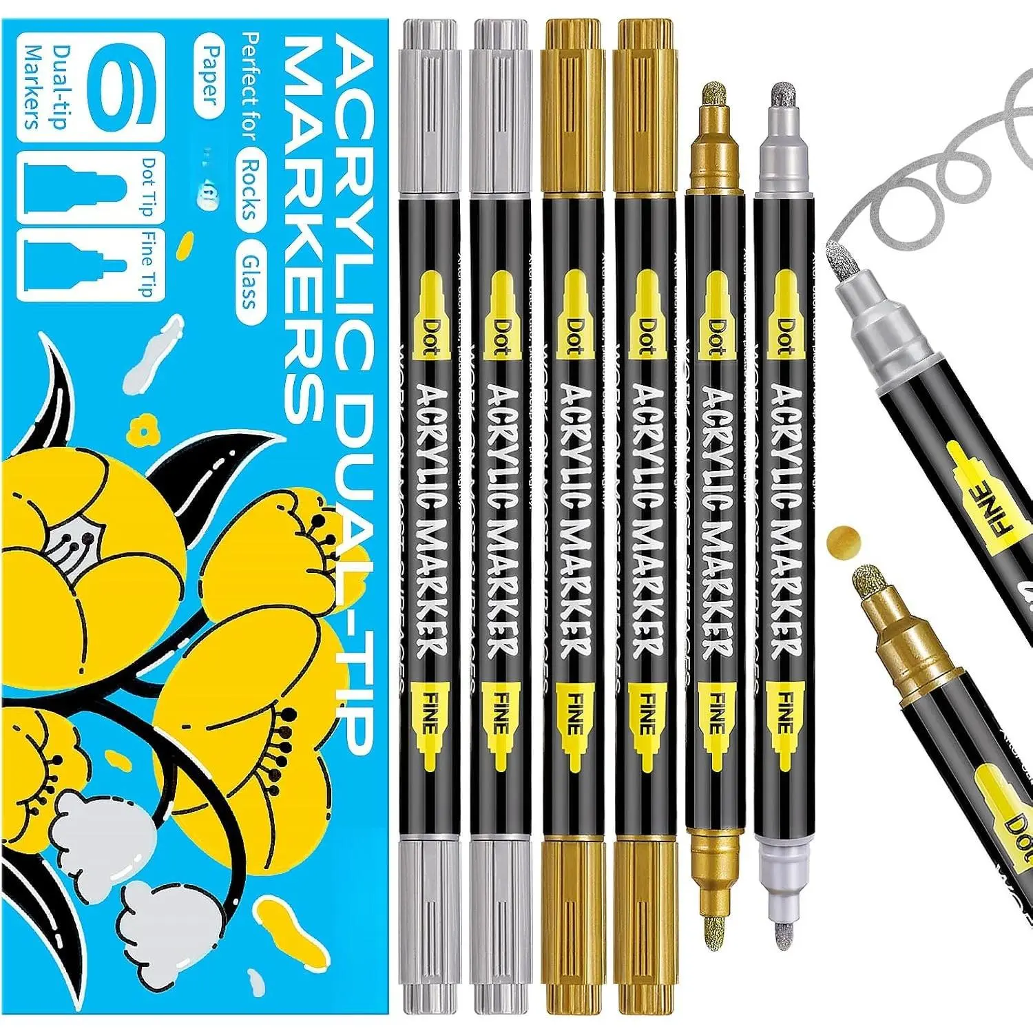 6  and    Pens Markers, with Fine Tip and Medium Tip, for Rock Painting, Fabric, Canvas, Glass, , Paper, DIY, Ceramic,  Markers for  and Adults