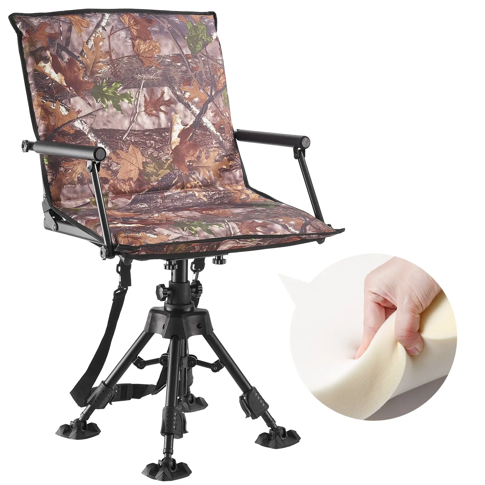 VEVOR Hunting Chair, 360 Silent Swivel, Foldable Portable Blind Chair, Heavy-Duty Steel Frame Ground Stool Seat, with Armrests, Cover, Anti-Sink Feet, Height Adjustable, 350 Lbs Capacity for Camping