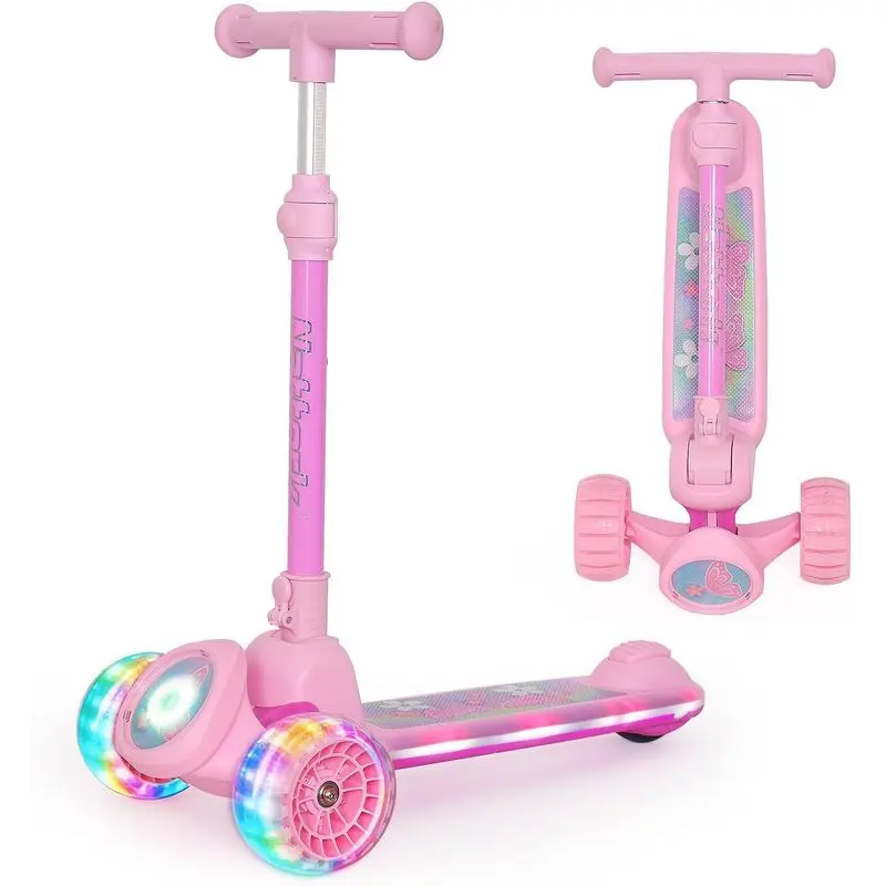 Kids 3-Wheel Scooter for Girls, with LED Lights, Anti-Slip Wide Deck, Adjustable T-Bar Handle, Rear Foot Brake, Headlight, 220Lbs Capacity for Ages 3+ Outdoor Play
