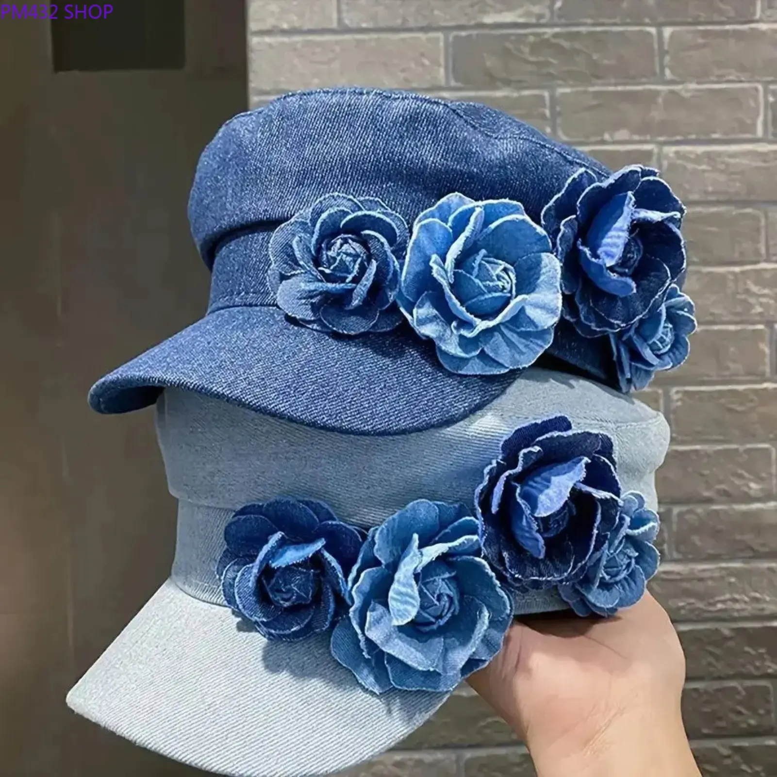 Women's 3D Rose Floral Denim Newsboy Hat, Adjustable Baker Boy Cap for Spring, Fall and Daily Casual Outfits