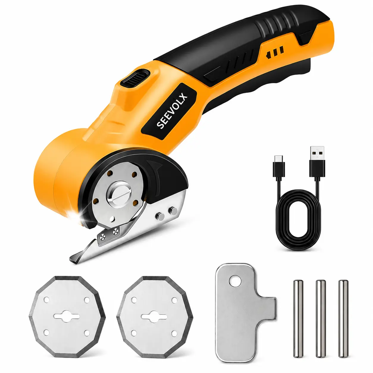 4V Brushless Electric Scissors - Cordless Heavy Duty Power Scissors w/ Safety Lock & LED Light, Cuts Fabric, Leather, Carpet, Cardboard - Rechargeable DIY Craft & Sewing Tool
