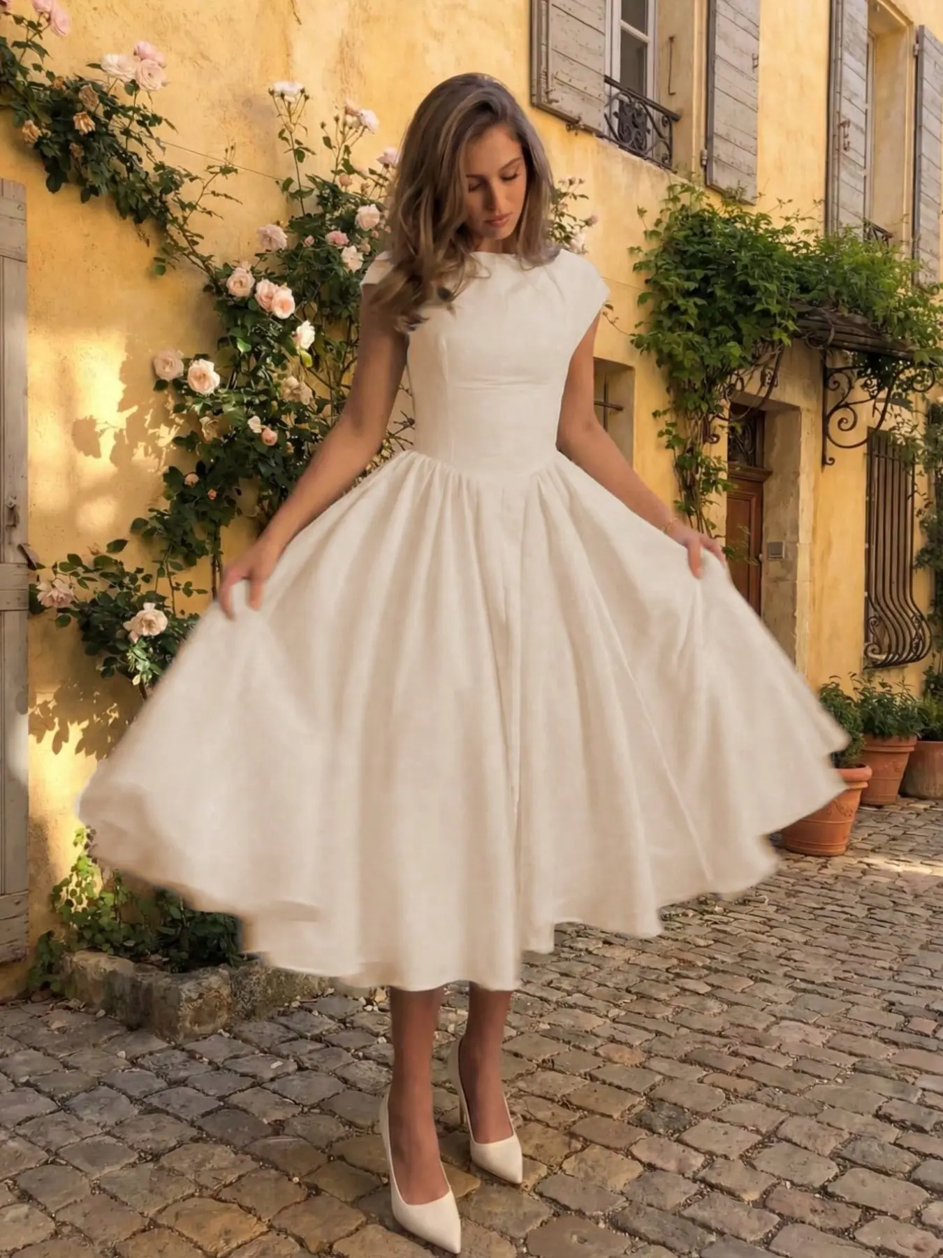 Elegant Peach Color French Style Solid Midi Dress, Waist Cinched, Large Skirt, Backless Design, Perfect for Daily Dates, Fashionable Evening Wear