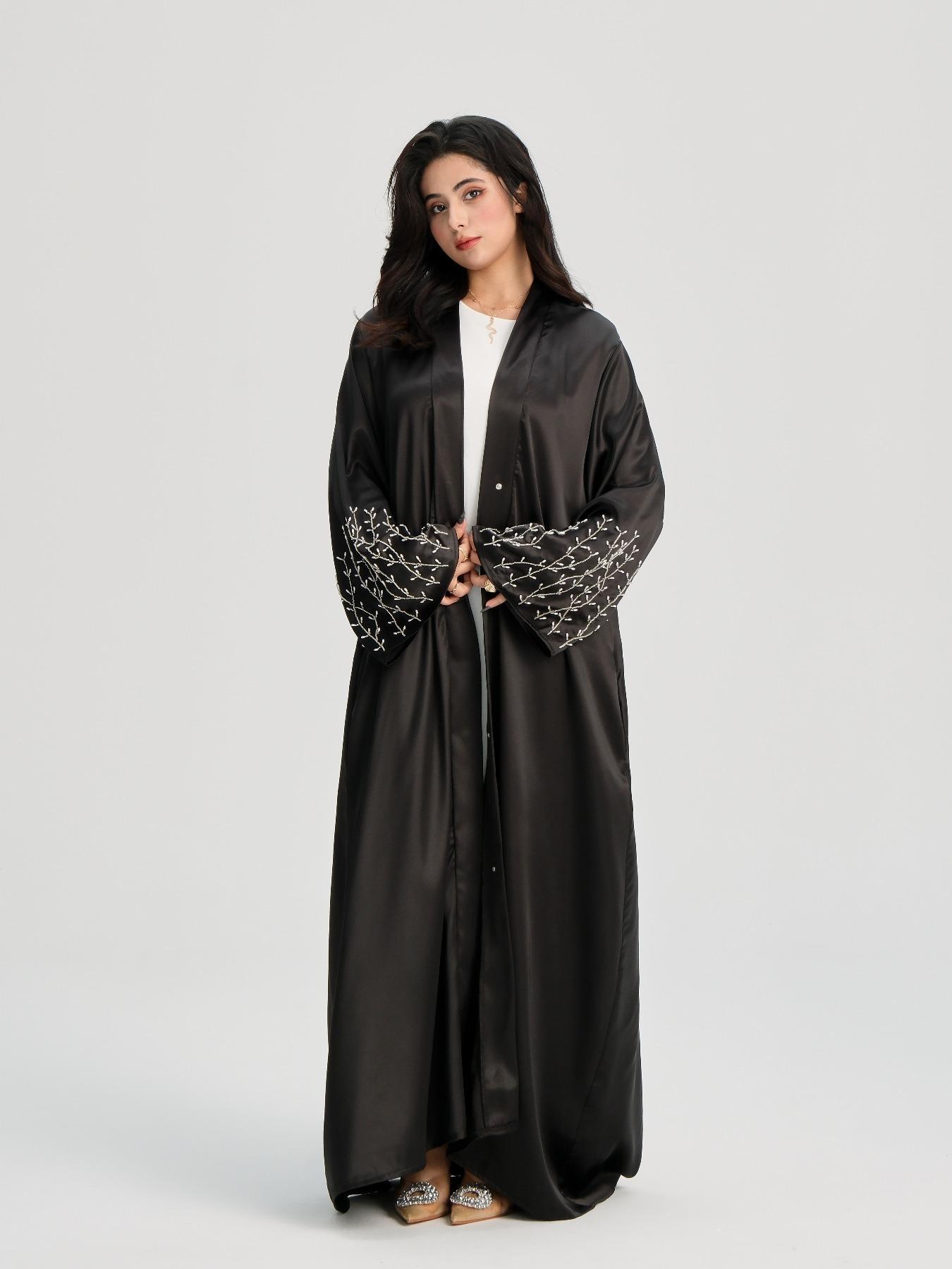 Women's Beaded Decor Long Sleeve Open Front Abaya, Modesty Abaya, Modest Elegant Maxi Abaya for Daily Wear, Women's Islamic Clothing for All Seasons