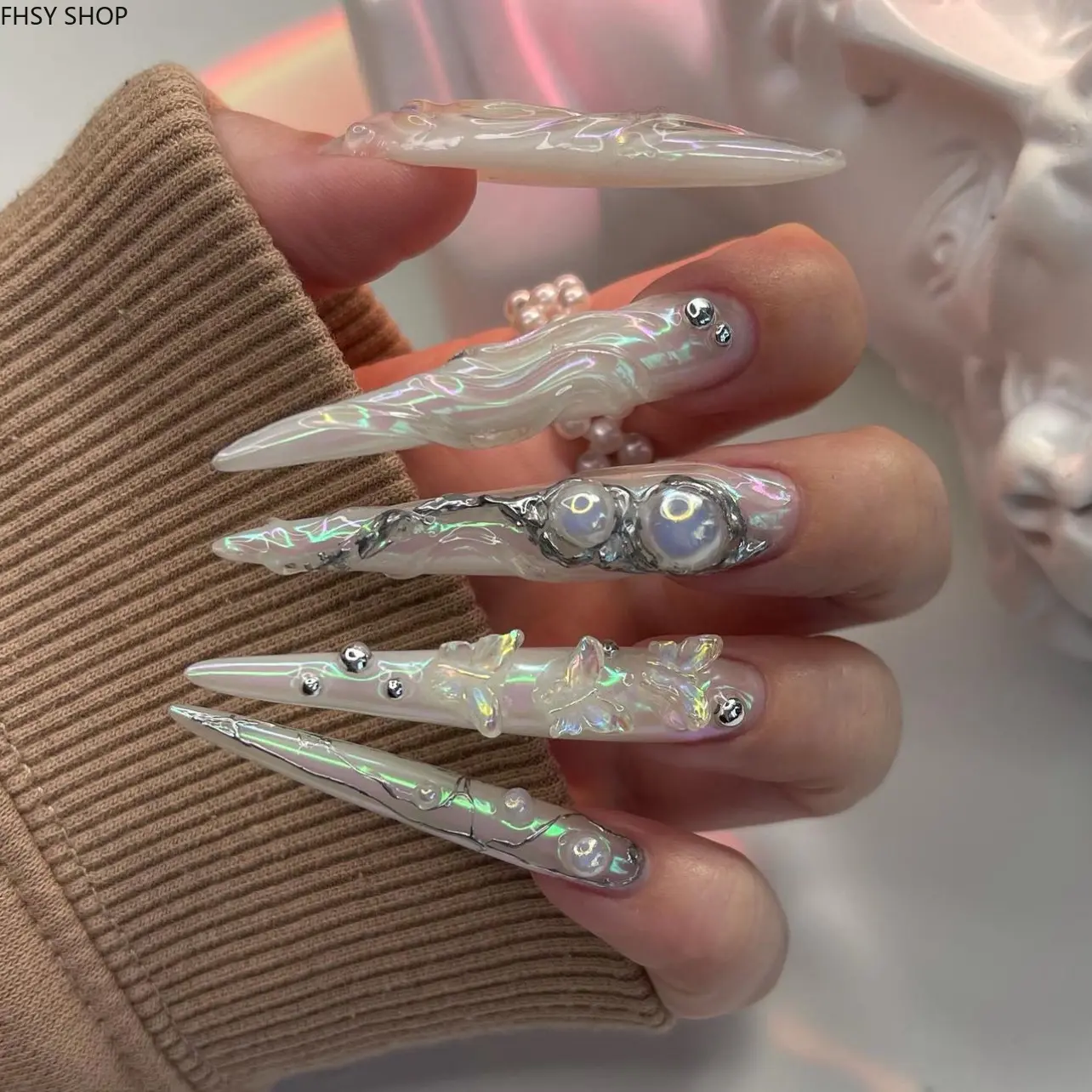 Extra Long Stiletto 3D Butterfly Press-On Nails, Aurora Rhinestone Coffin Fake Nails with Iridescent Shimmer & Sparkle Finish, Statement Gift-Ready Manicure for Women, Perfect for Gifts & Special Occasions