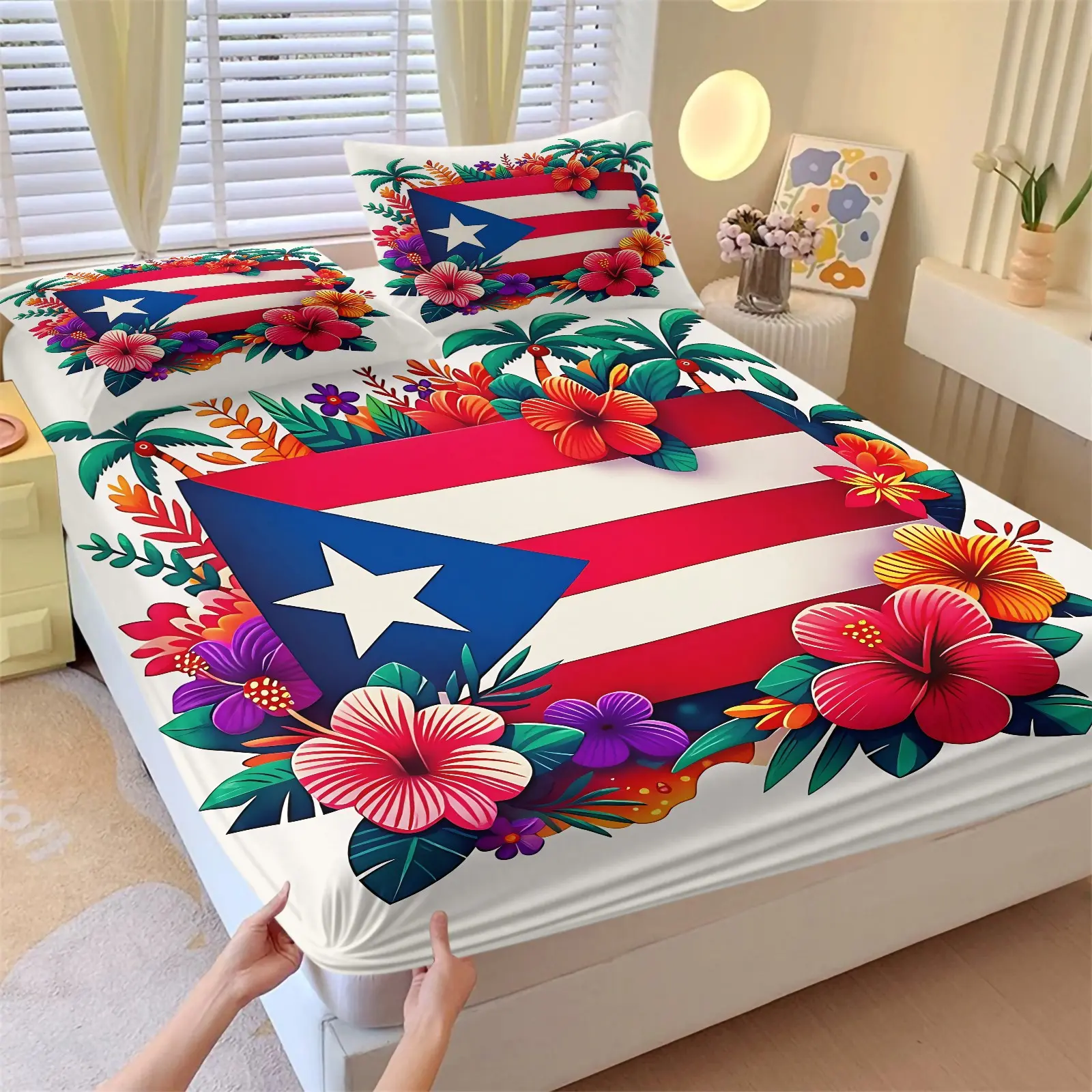 Puerto Rico Flag Tropical Palm Hibiscus Floral Fitted Sheet Set, 1 Fitted Sheet and 1-2 Coreless Pillowcases, Deep Pocket Non-Slip Mattress Cover, Soft Breathable All Season Bedding, Bright Boricua Island Flower Print Bedroom Decor