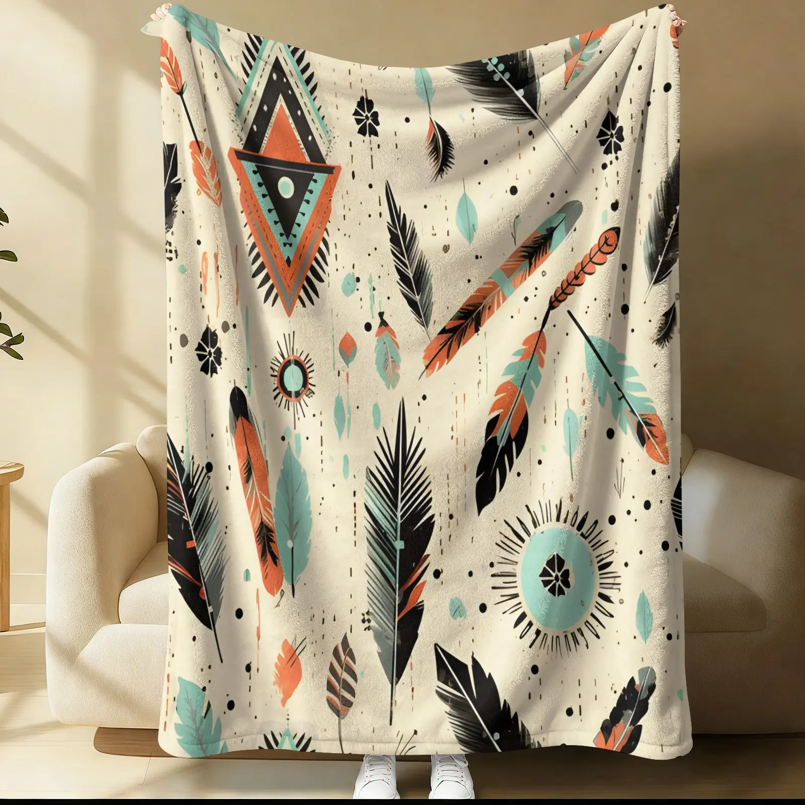 Bohemian-Style Tribal Feather Geometric Pattern Blanket, Southwestern Tribal Abstract Sun Print Bedding, Neutral Cream-Colored Native American-Style Bedroom Decor—Soft And Comfortable, Perfect For Office Naps, Camping, Or Travel.