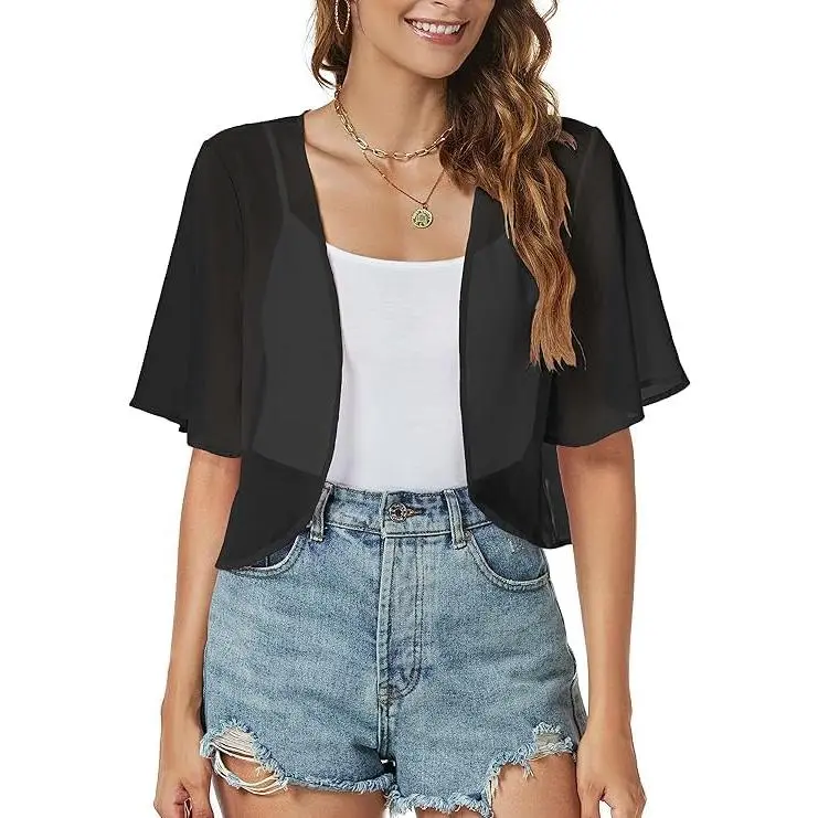 Women's Short Sleeve Chiffon Shrug - Elegant Pink Open Front Bolero Cardigan for Evening Dressy Outfits, Women's Clothes, Cardigans, Dressy Shrug, Solid/Printed, Short Length, Small