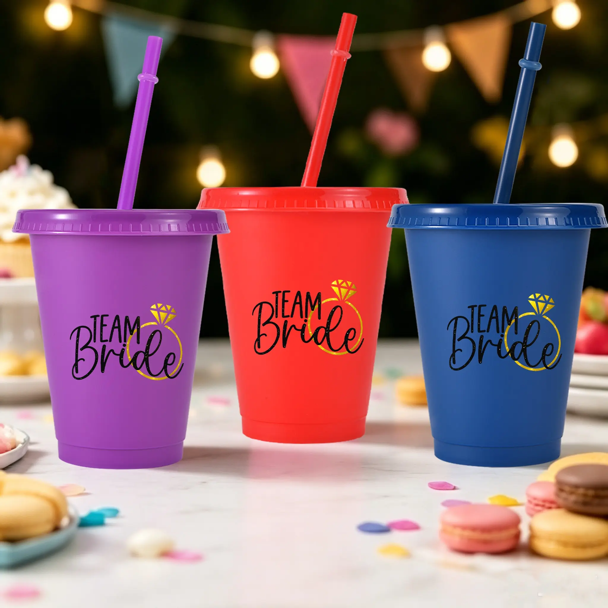 10pcs/16oz/475ml/Plastic Tumblers With Lid And Straw,Iced Coffee Cup,Festival Party Supplies,Chic Gold Glitter Team Bride Engagement Ring Graphic Design For Memorable Bridal Shower Bachelorette Party Event Decor