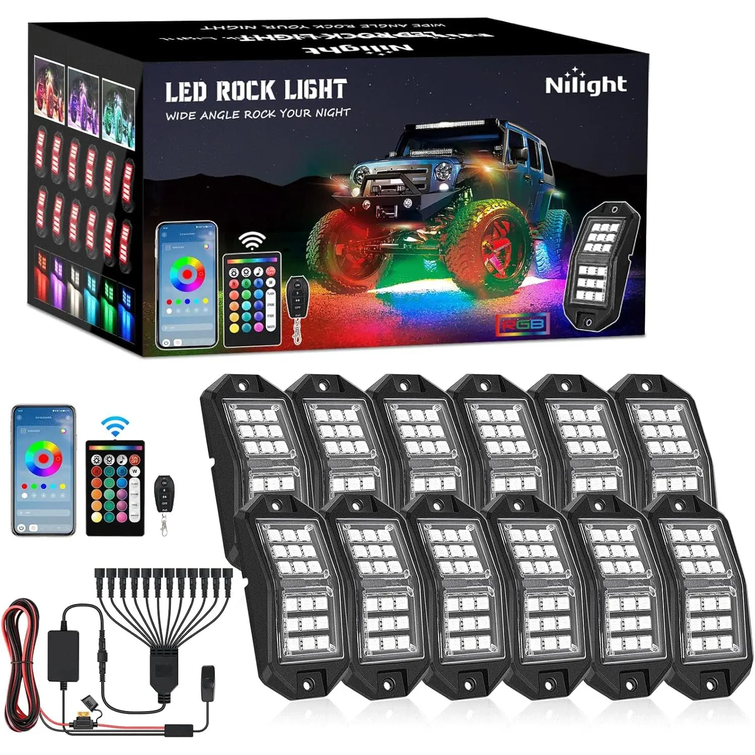 Nilight RGB LED Rock Lights Kit 12 PCS 18LED Wide Angle Wheel Well Light with Remote & Bluetooth App Dual Control Multi Modes Underglow Multicolor Neon Pod for ATV UTV SUV Offroad Truck RZR Boat, Interior Car Lights, Led Ambient Light Led Backlights, Carl