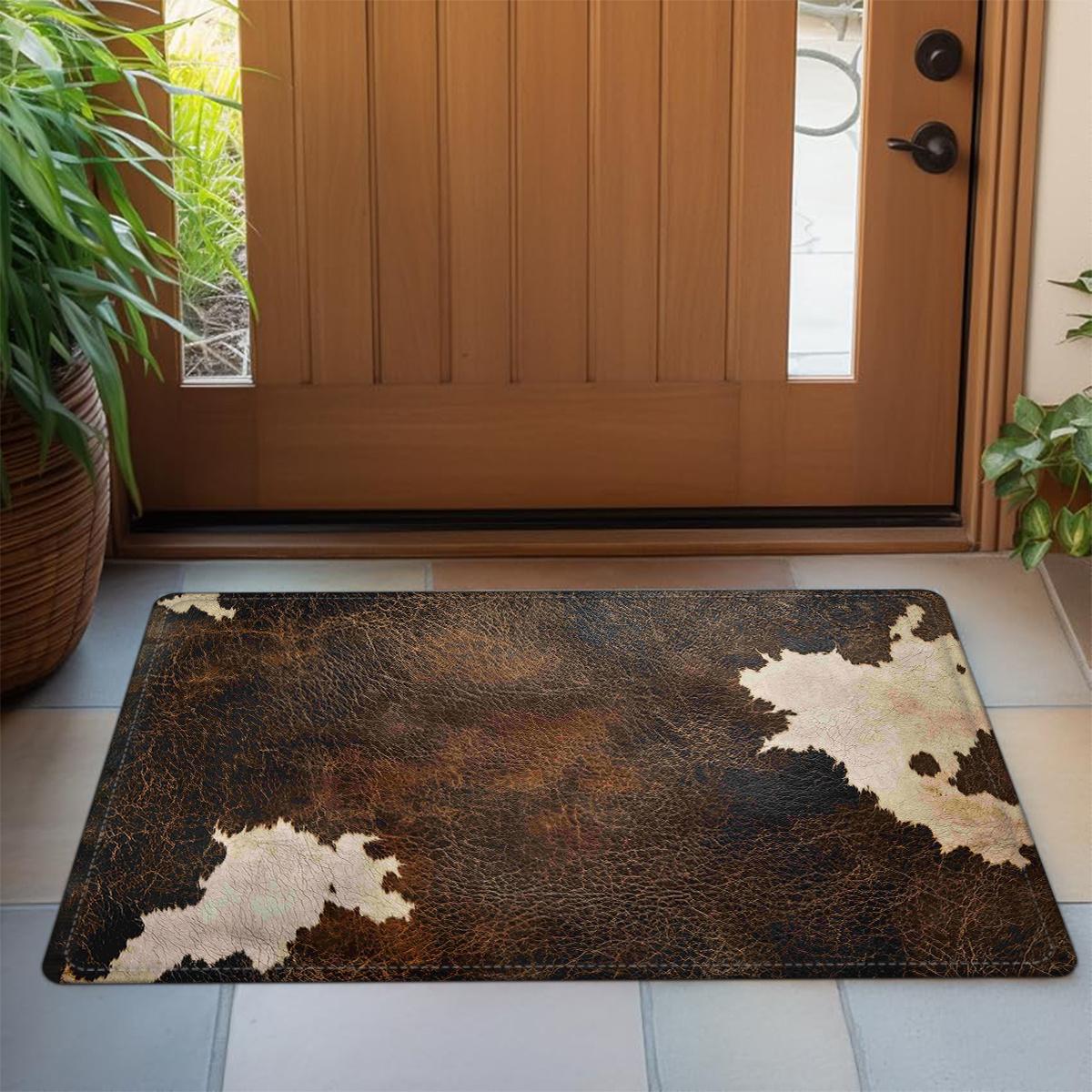 Faux Cowhide Pattern Doormat Flannel Material 0.47inch Thickened Absorbent Non-slip Farmhouse Decorative Mat Soft Lightweight for Door Living Room Bedroom Bathroom Kitchen Laundry Room Machine Washable Home Decoration Mat