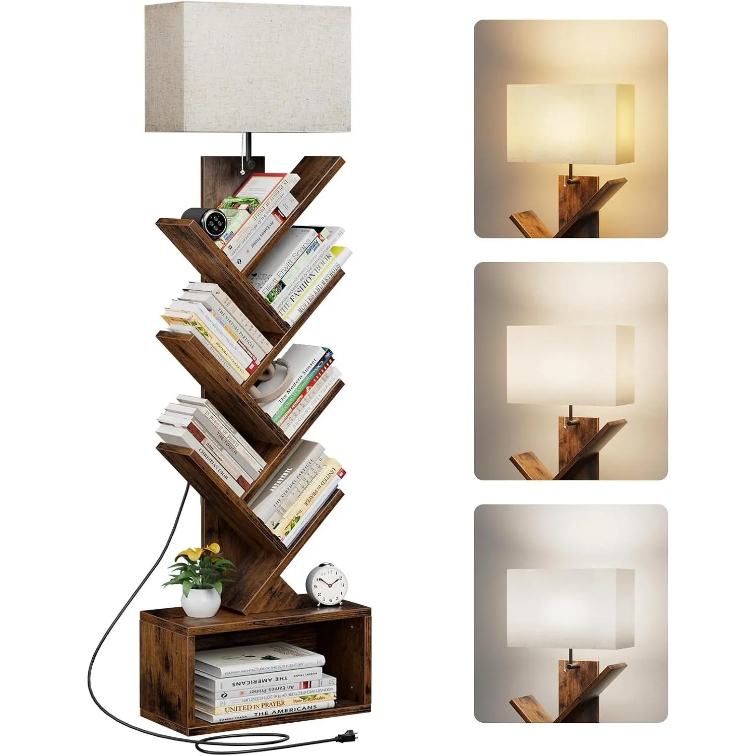 Rustic Brown 6-Tier Tree Shape Particleboard Bookshelf with Adjustable Light Lamp, Narrow Bookcase Tower, Tall Floor-Standing Organizer with Storage Cabinet, Anti-Slip Ft, Easy Setup for Living Room, Home Office, Anti-Slip Feet