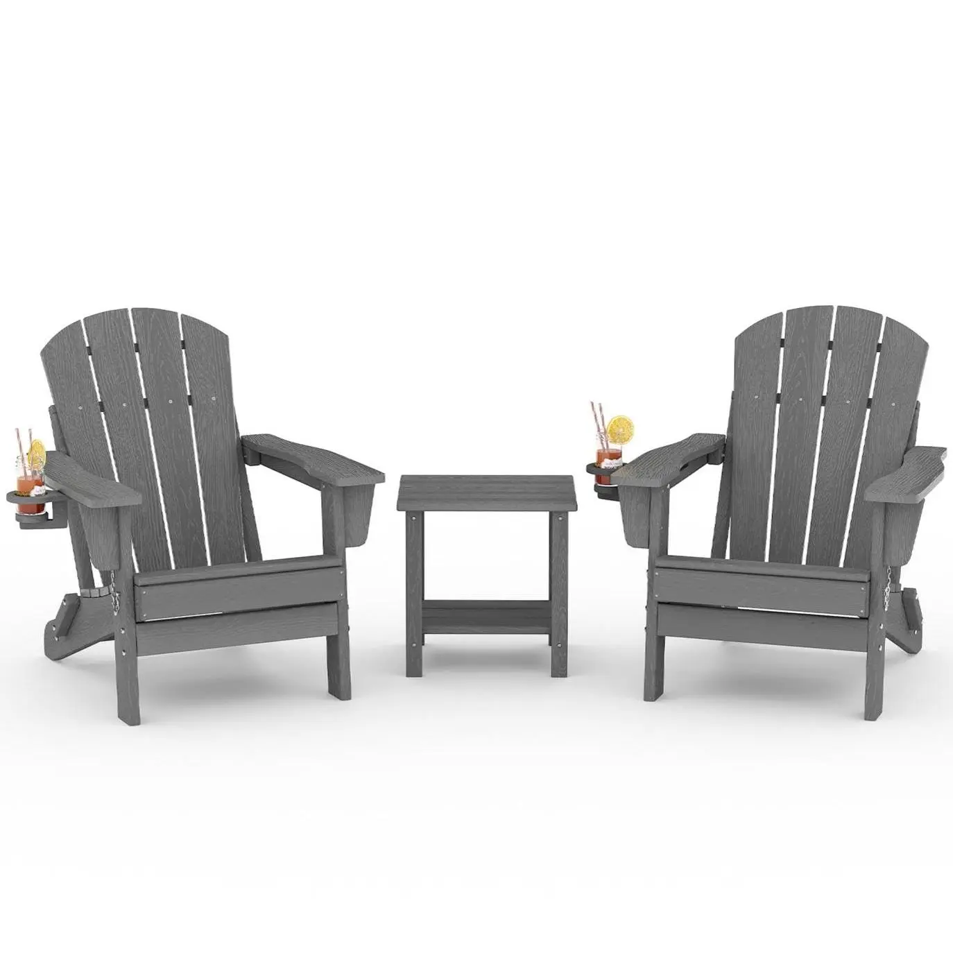 Collapsible HDPE Plastic Adirondack Chair - All-Weather Outdoor Patio Chair with Wood Texture, Cup Holder, Water-Resistant, Easy Assembly for Lawn, Deck