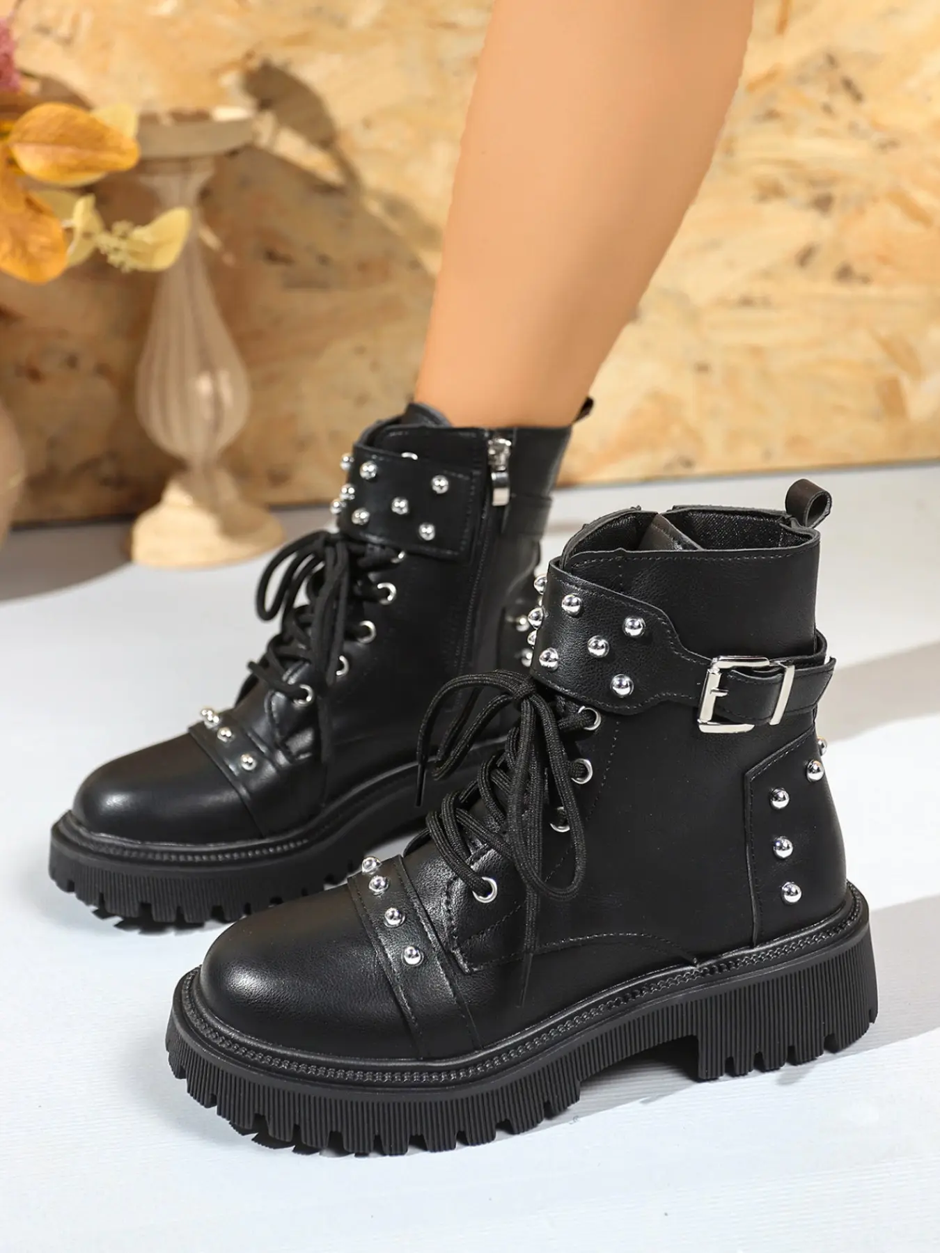 Women's Punk Style Short Boots, Thick Sole Anti-Slip, Buckle Design, Comfortable PU Material, Fall & Winter Fashion Footwear