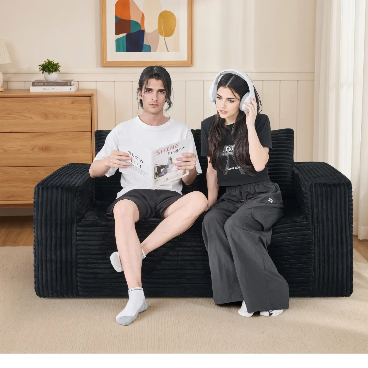 63-Inch No-Frame Compressed Corduroy Loveseat, High-Density Sponge Upholstered Premium Couch for Bedroom, Small Space Indoor Living Room Furniture