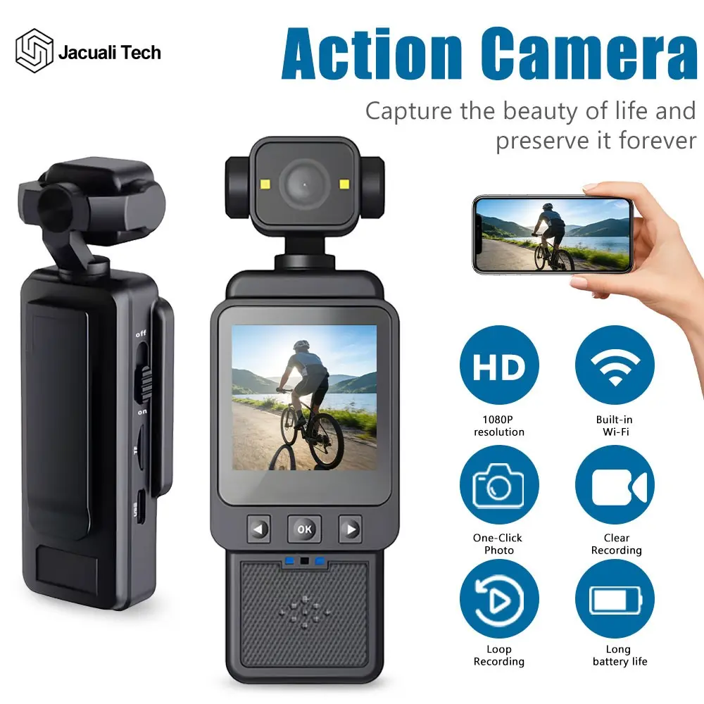 1080P HD Mini Action Camera with WiFi, 1.6 Inch Screen, Rotatable Lens, Night Vision, Anti-Shake, Portable Vlog Recorder for Travel, Outdoor Sports