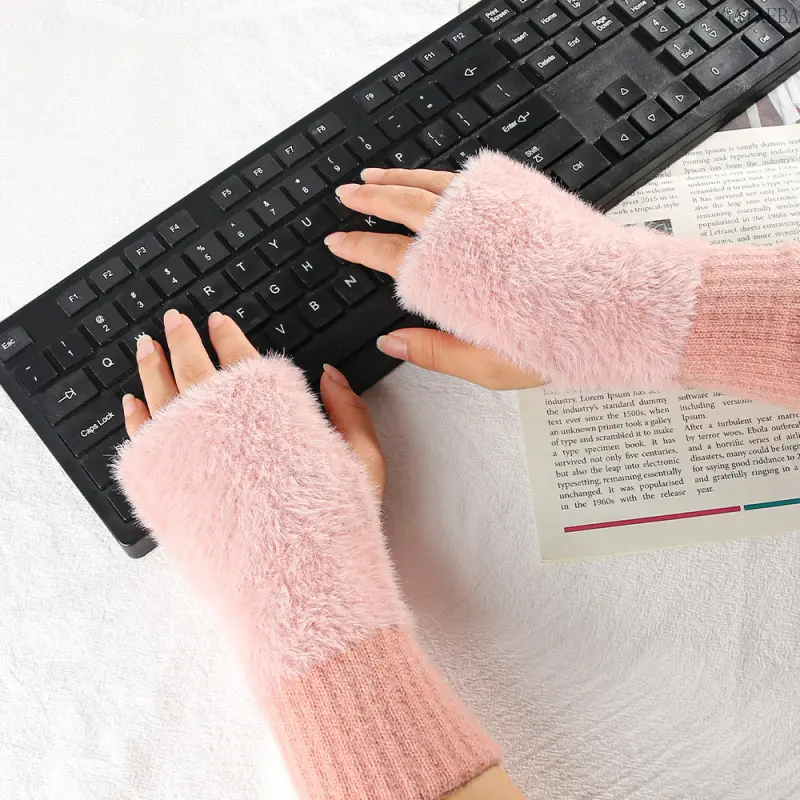 Women's Winter Knit Fingerless Gloves, Faux Mink Fur Thick Fleece Lined, Warm Cold‑Resistant Half‑Finger Gloves for Outdoor Use and Writing