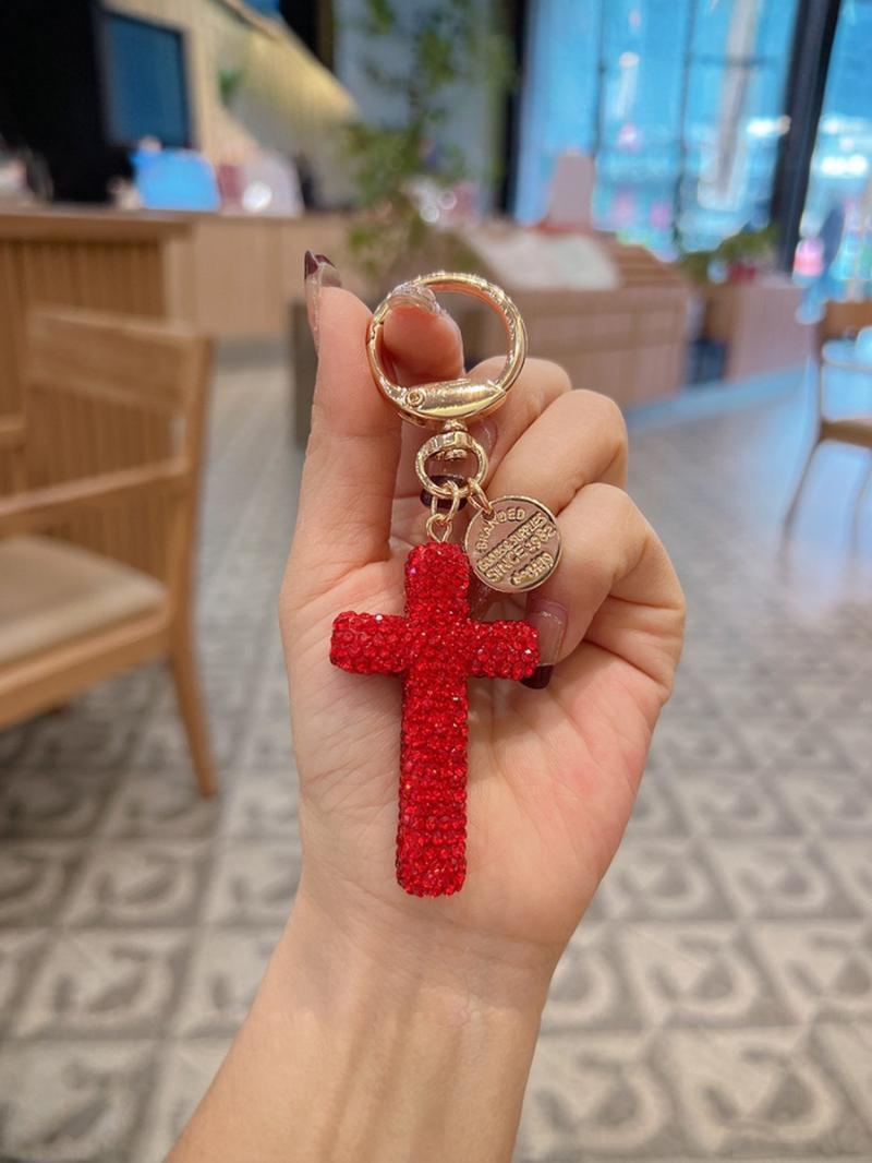 Cross Keychain with Rhinestones, Trendy Unisex Car Key Ring Pendant, Cute Handmade Style Charm, Stylish Bag Accessory for Keys, Backpack, Purse & Everyday Carry
