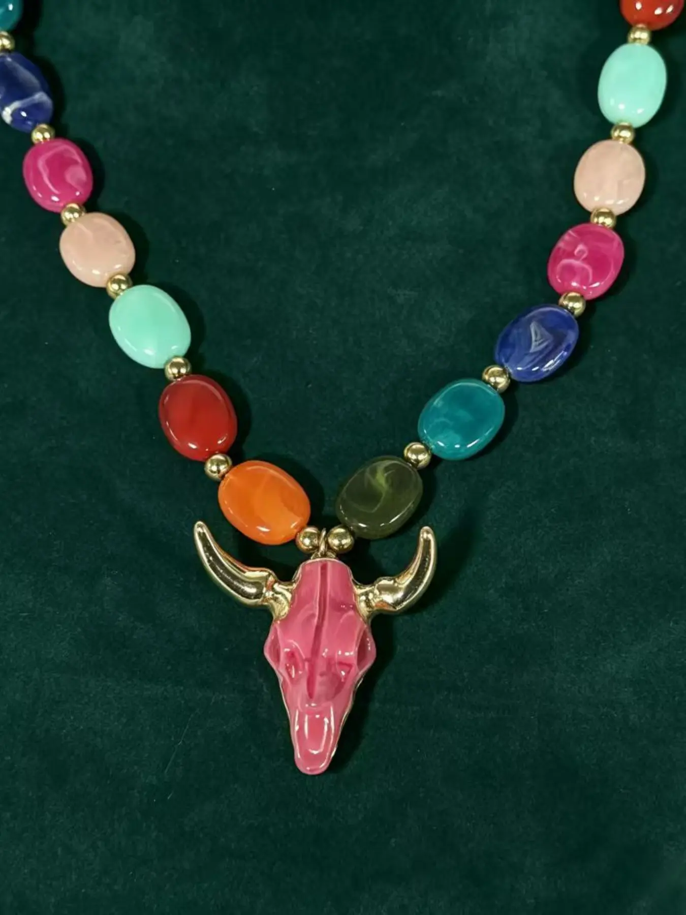 Vintage Colorblock Beaded Bull Head Pendant Costume Jewelry Necklace, Unique Bold Heavy Chain, Vacation Fashion Accessory