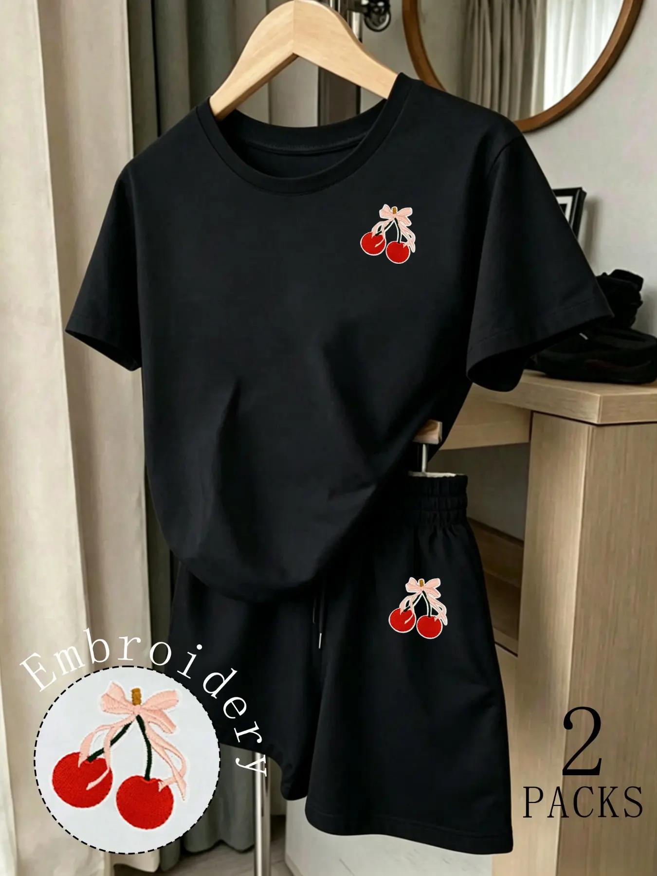 Women 2‑Piece Embroidered Outfit Sets, Crew Neck Short Sleeve Tee & Elastic Drawstring Shorts, Loose Relaxed Fit, Cute Preppy Style, Soft Lightweight Loungewear for Daily Casual Going‑Out, whos your friend madison outfit
