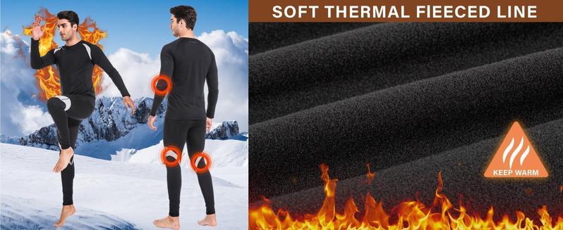 Muezna Men's Thermal Top and Bottom Set Underwear Long Johns Base Layer with Soft Fleece Lined Fabric Black with White Accents