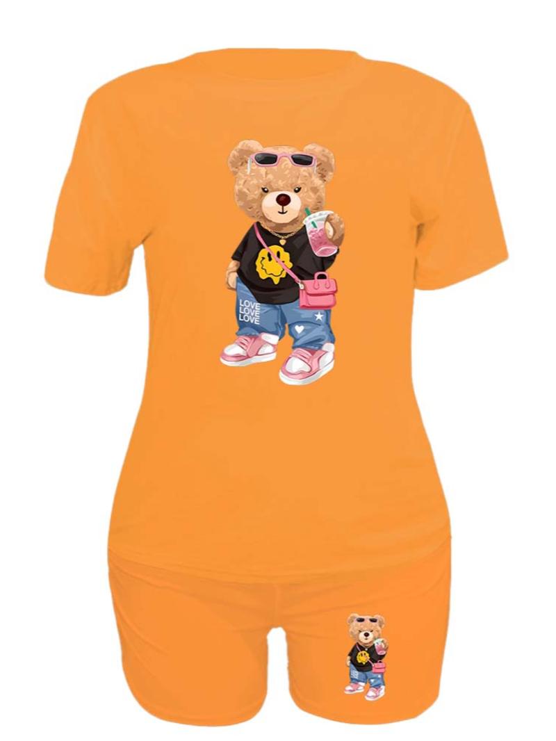 Two-Piece Set Women's Cartoon Bear Print Short Sleeve T-shirt & Skinny Shorts Set, Round Neck Tee & Shorts for Summer, Lady Outfits for Daily Wear