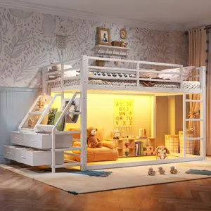 Metal Twin-over-Twin Bunk Bed, with Storage Drawers and LED Mood Lights, No Box Spring Needed, Sturdy and Durable Metal Frame, Suitable for Small Teen Bedrooms and Dorm Rooms
