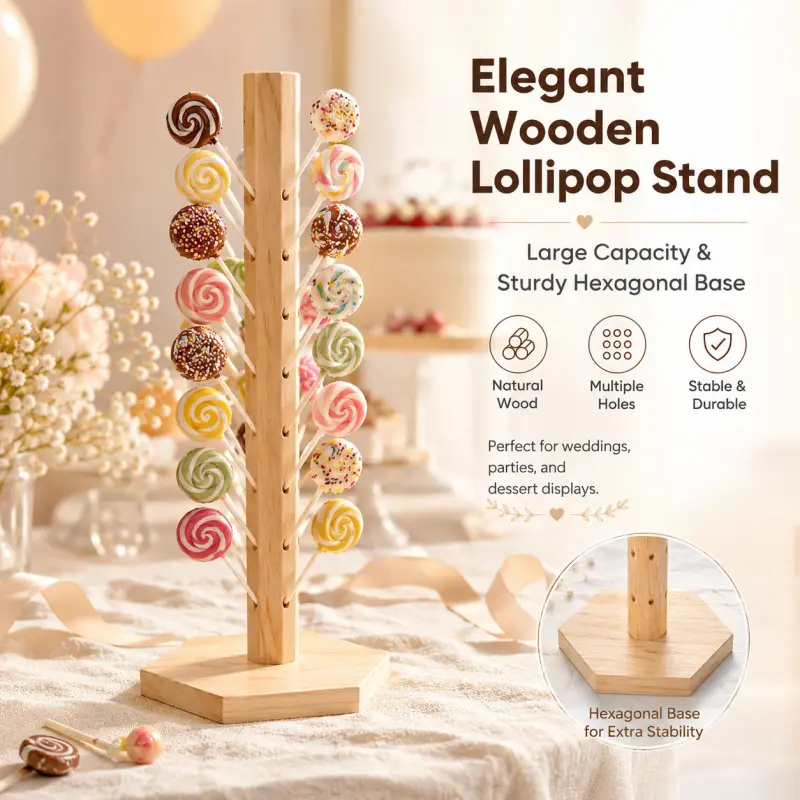 Natural Wooden Lollipop Stand with Hexagonal Stable Base, Multi Holes Candy Display Holder for Wedding Party Dessert Table Decor