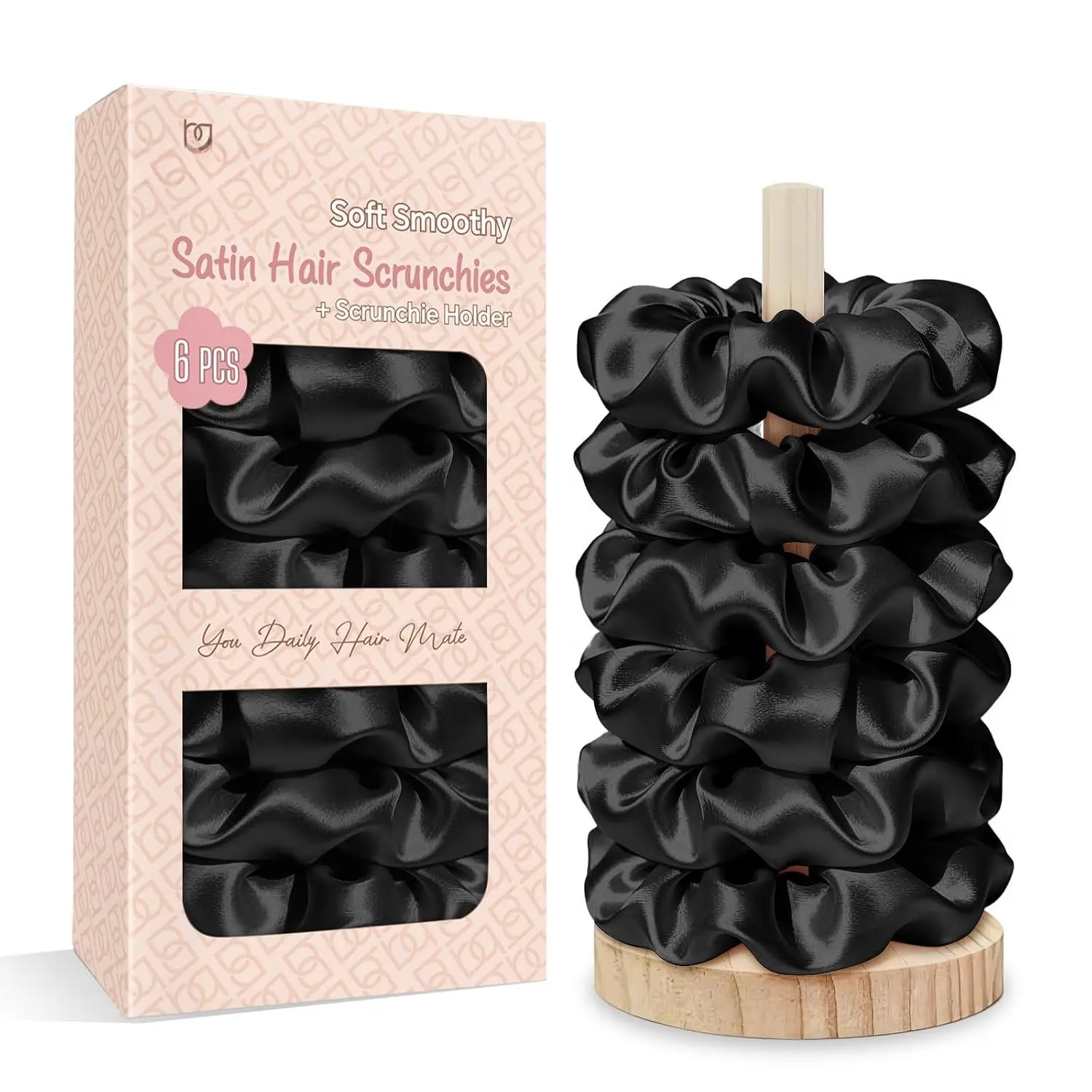 Satin Scrunchies for Women, No Crease Silk Hair Ties & Holder, Soft Silk Hair Scrunchies for Sleeping & Everyday Use, Ponytail Holders, Gentle Headwear Hair Accessories, 6 Pack, Black