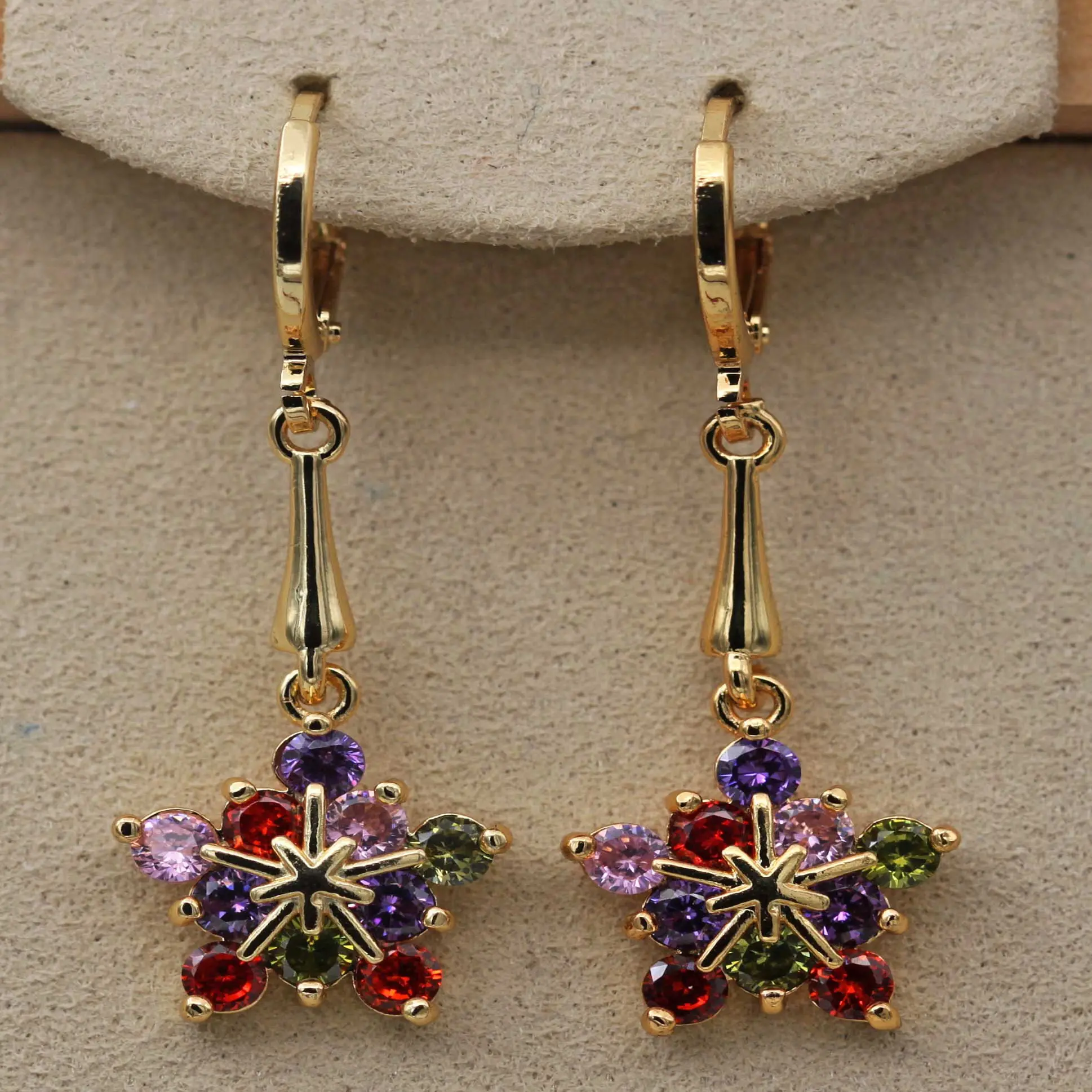 18K Gold Plated - 1.5'' Star Flower Ruby Amethyst Peridot Topaz Zircon Gemstone Wedding Dangle Women Family Sister Gifts Gold Plated Earrings