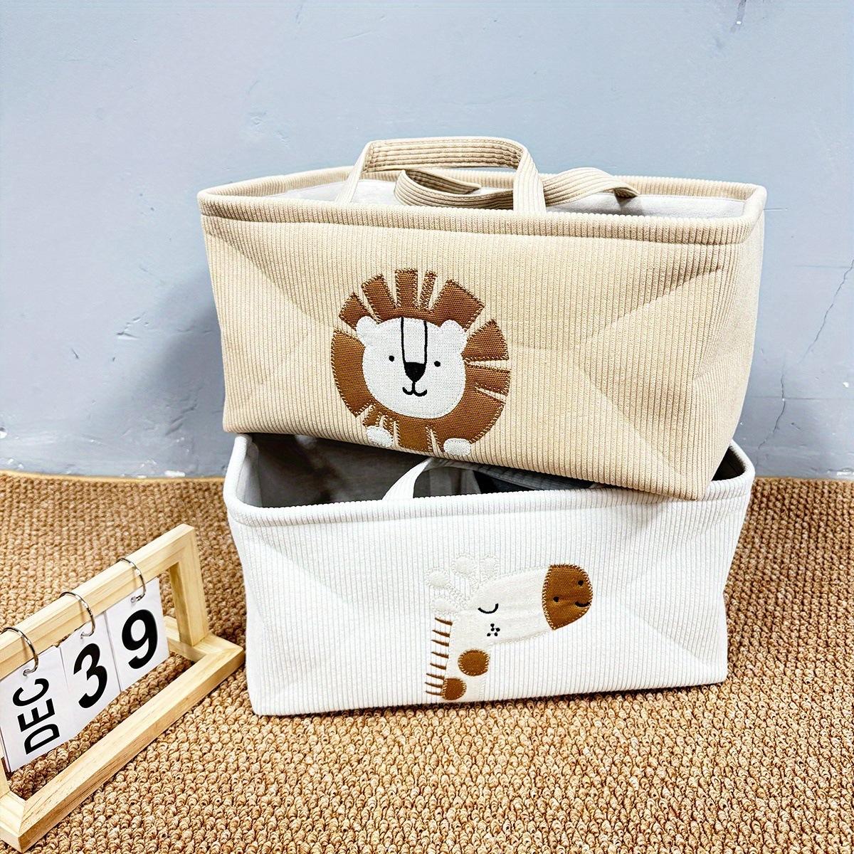 Cute Cartoon Lion Storage Basket with Handle & Divider, Portable Diaper Caddy Organizer for Baby Nursery, Toy & Clothes Storage Bin for Home