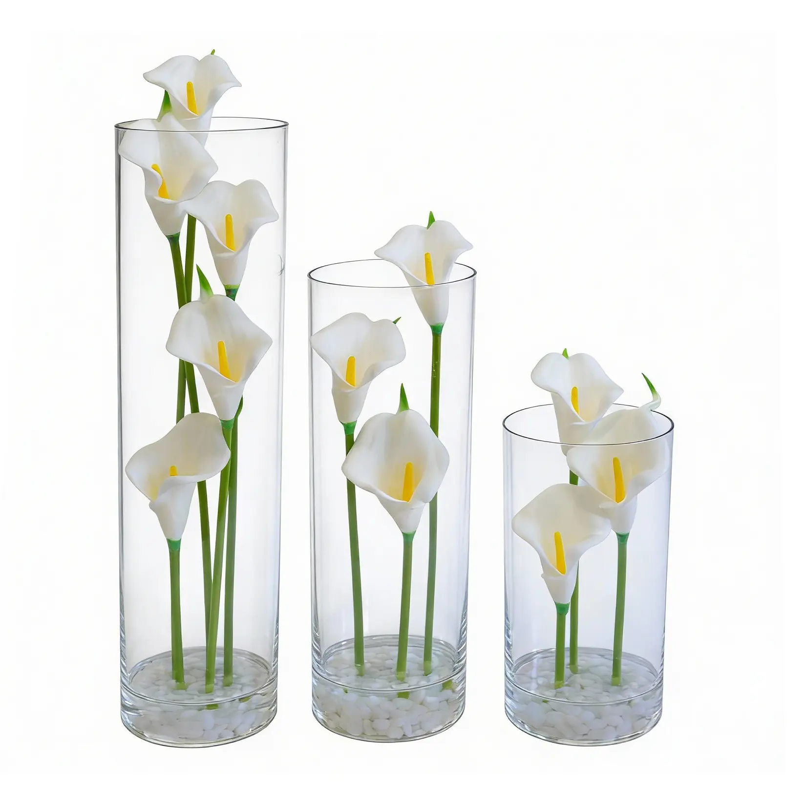 Elegant Real Touch Artificial Calla Floral Flowers in Vase – Set of 3 Faux White Calla Lilies with Faux Water – Decorative Centerpiece for Home Decor, Wedding, Dining Table – Lifelike Faux Floral Arrangement