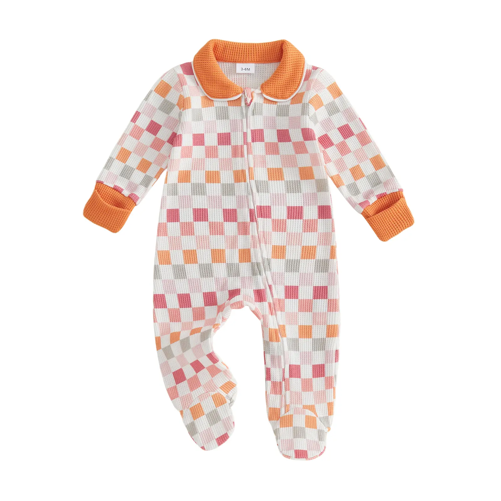 Newborn Baby Boy Girl Romper Checkerboard Long Sleeve Doll Collar Bodysuit Fall Winter 0-12 Months