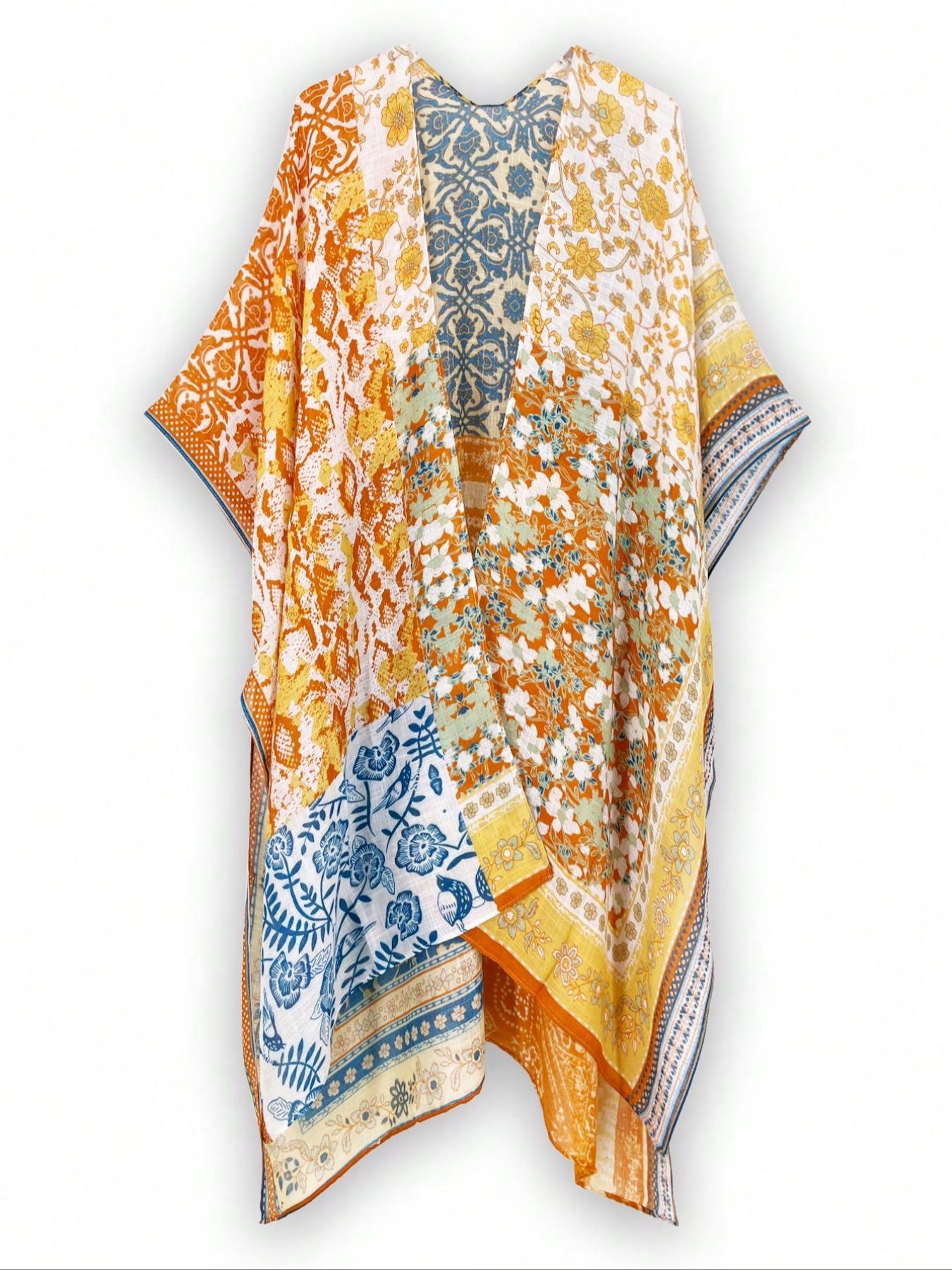 Women's Floral Print Drop Shoulder Cover Up - Casual Long Sleeve Split Hem Open Front, All Seasons Swimwear Coverups for Beach Holiday, Hand Wash Only Sports & Outdoor Swimsuit Accessory