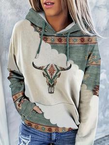 women's tribal bull head print drop shoulder hoodie, boho casual drawstring pocket hooded sweatshirt for daily holiday outdoor wear, bohemian fashion women's clothes for spring & fall, downtown girl clothes, tops