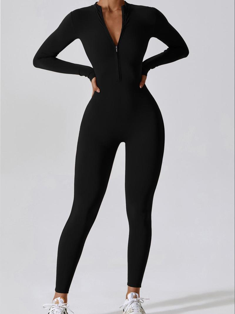 Women's Solid Zip Up Mock Neck Sports Jumpsuit, Sporty  Fit High Stretch Seamless Sleeveless Jumpsuit for Yoga Gym Workout, Ladies Athlete Sportswear for Summer