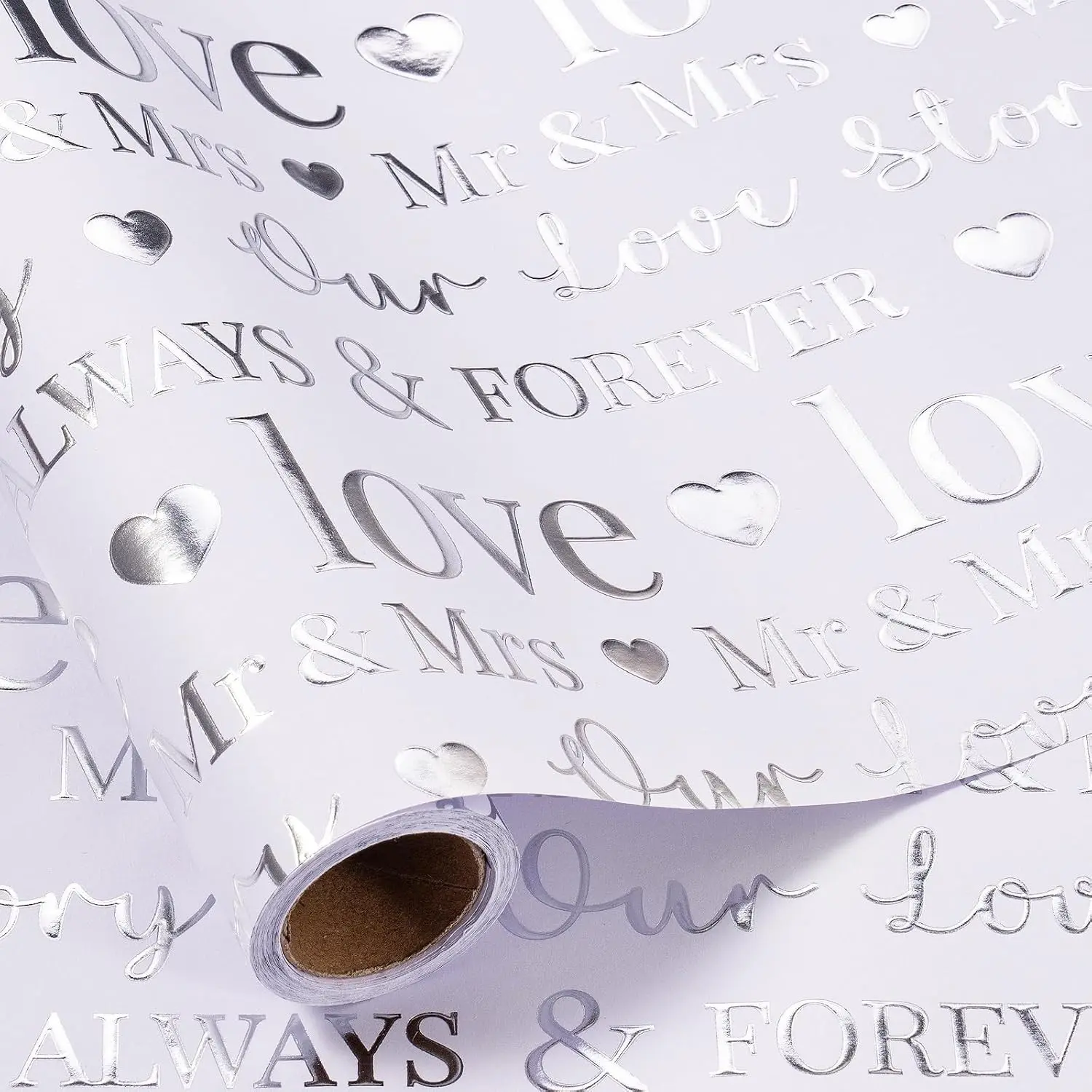 Wedding Wrapping Paper, Mini Roll, Silvery Gold Foil LOVE Design, Perfect for Wedding, Bridal Shower, Anniversary, Engagement, 17 Inches x 16.5 Feet