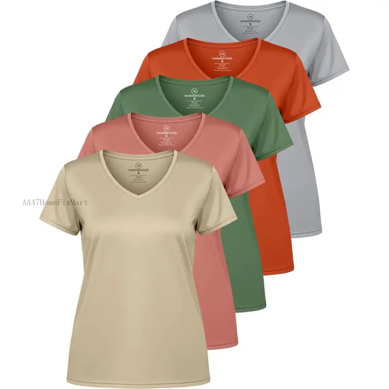 5 Pack: Women's Dry Fit Short Sleeve V Neck Workout Top - Fitness Gym Athletic Yoga T-Shirt (Plus Available)AA47HomeFixMart