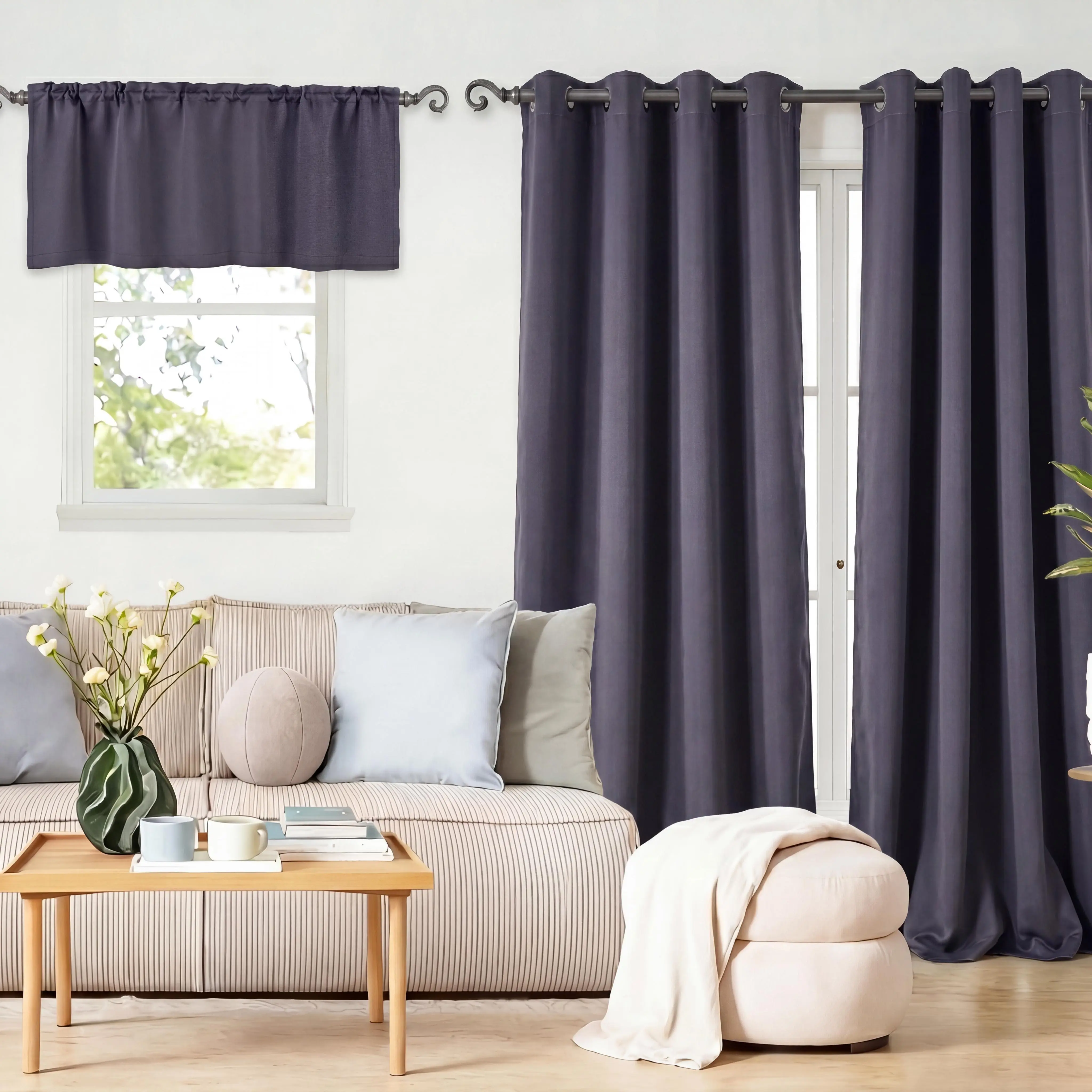 6-Panel Combination Grommet Curtain Set for House Decor, 2 Pcs 52x18 in Full Blackout Curtains & 4 Pcs 54x18 in Full Blackout Valances, UV Protection for Living Room, Model QF222 FT1700 Summer Gift #SummerVibes