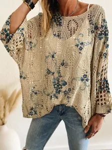 Spring Summer Women's Knit Top, One-Shoulder Batwing Long Sleeve, Plant Print, Loose Fit, Casual Elegant, Bikini Cover-Up, Vacation Style