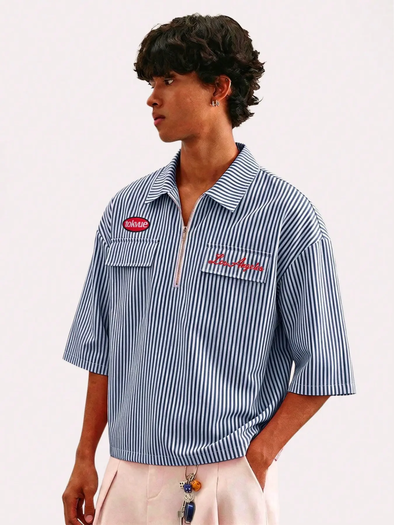 Tokuve Men's Casual Polo Shirt, Young Fashion Zipper Front, Striped Fabric, Daily Wear, Inspired Design, Short Sleeve Collar T-Shirt